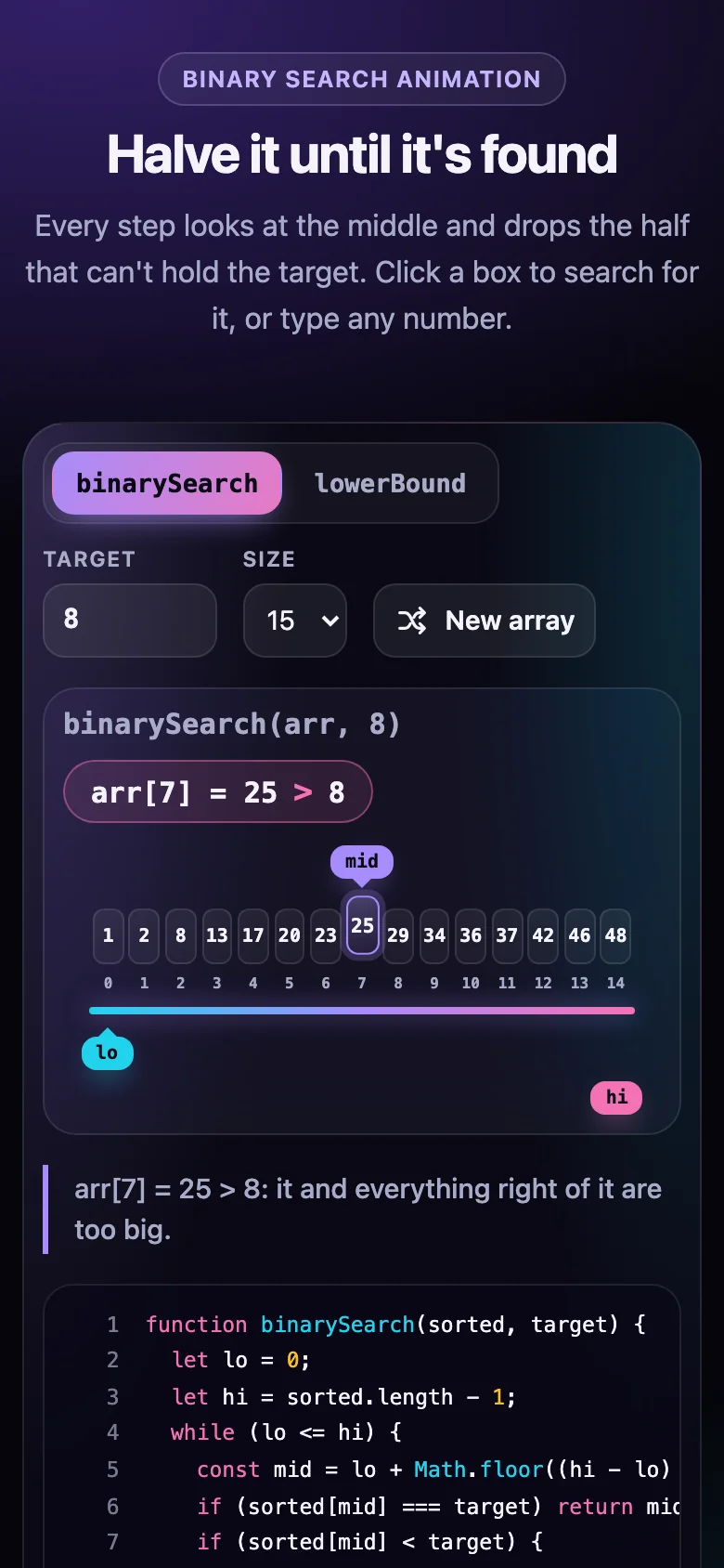 Binary Search Animation, screenshot 2 of 2