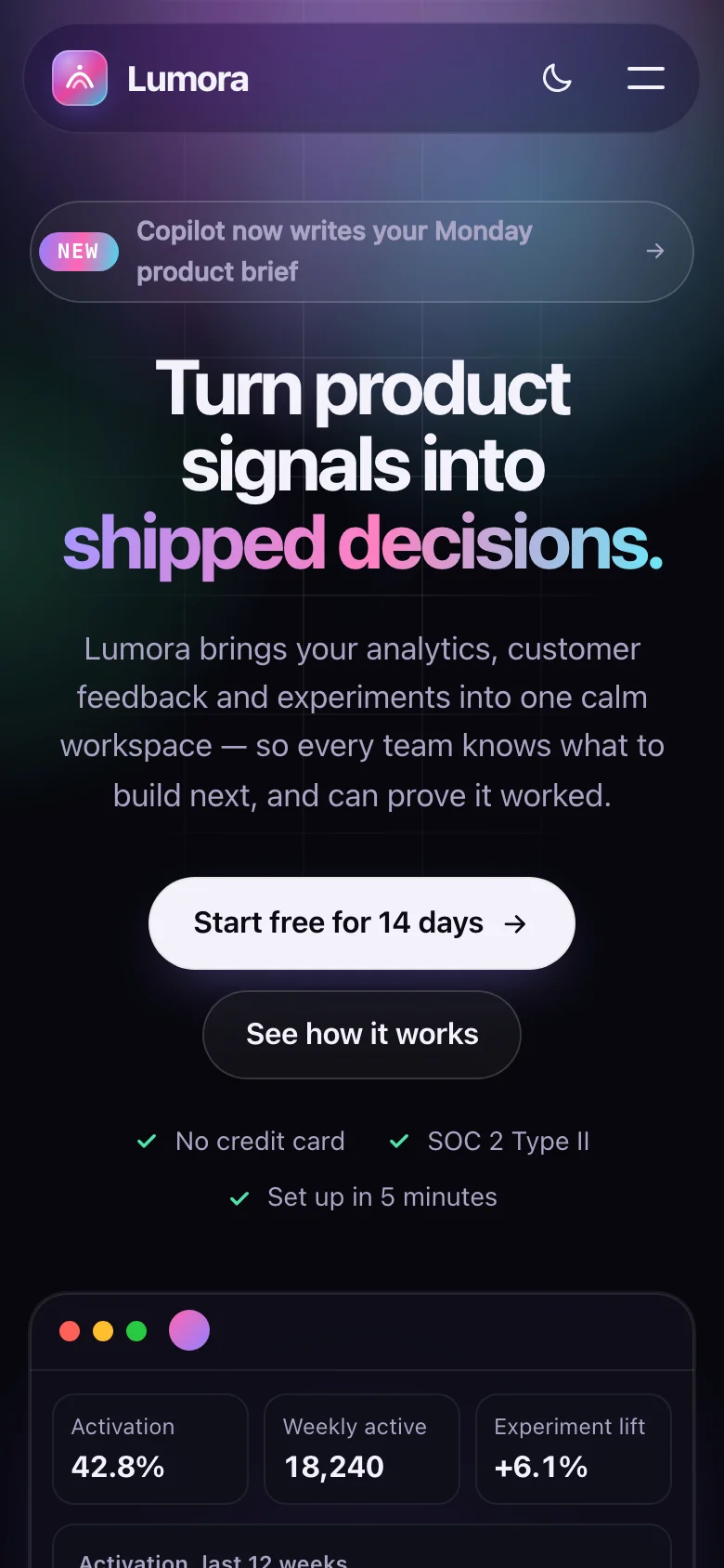 Lumora — SaaS Landing, screenshot 2 of 2